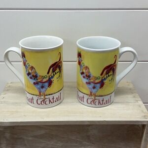 Sharon Neuhaus Poultry In Motion Fruit Cocktail Rooster Mugs Set of 2 Yellow Blu